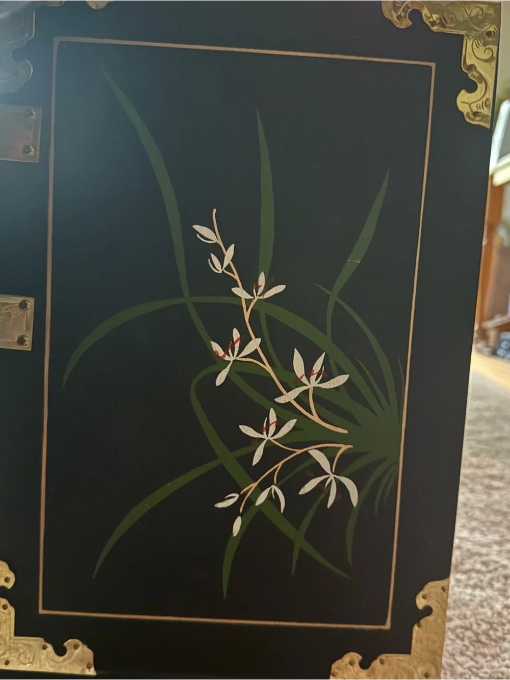 Beautiful Black laquared Vintage Floral Jewelry Cabinet with Gold Hardwood.